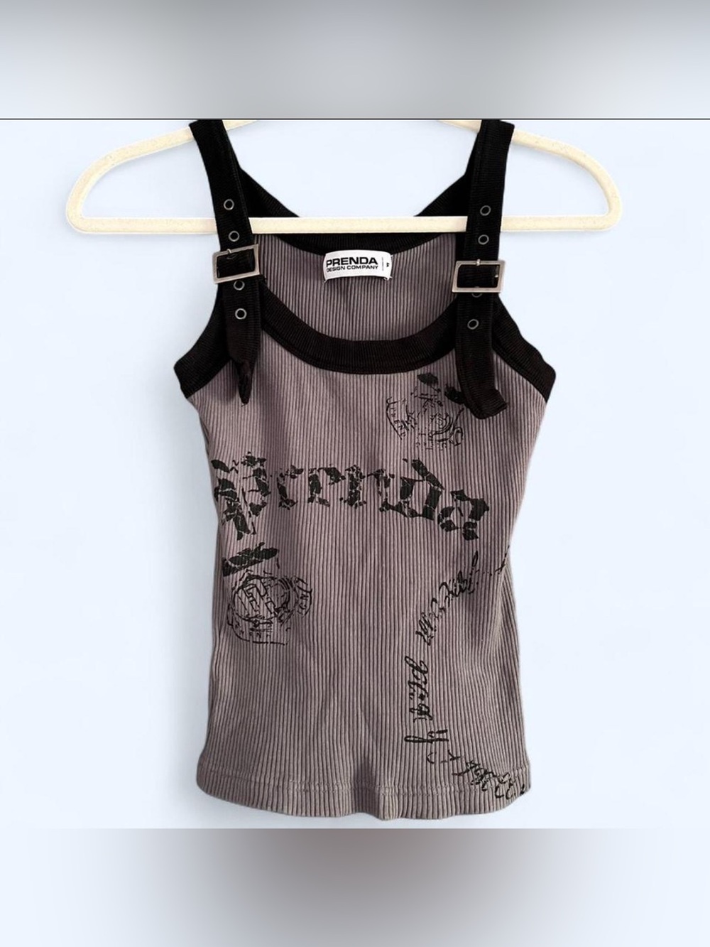 Prenda Ribbed Graphic Tank with Buckle Straps - Gray & Black